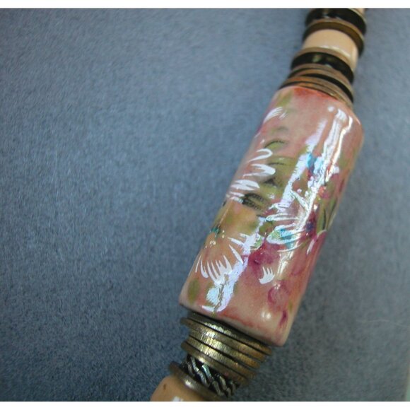 Vintage Handcrafted Floral Beaded Necklace With Ceramic & Metal Accents - Picture 3 of 5